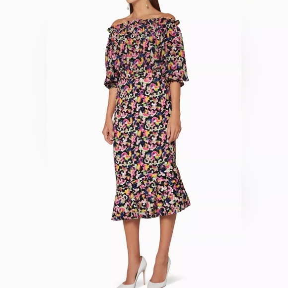 SALONI Dresses & Skirts - Saloni Multi-Colour Grace Dress Off-Shoulder Midi Dress Size 2